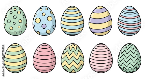 A collection of ten colorful hand drawn decorated Easter eggs.