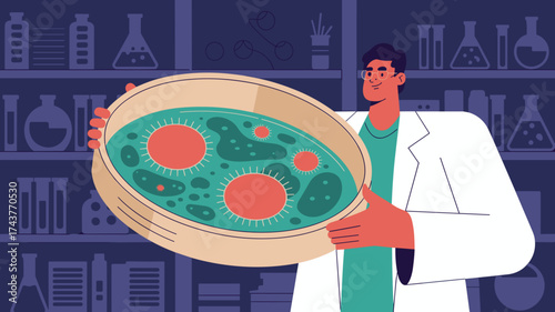 scientist in lab holding petri dish with cells, vector illustration for stem cell research, biotechnology and medical experiments