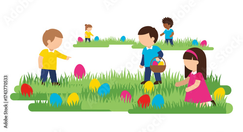 Children Enjoying Easter Egg Hunt in a Field.