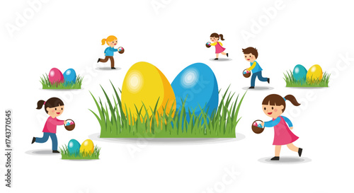 Children Enjoying an Easter Egg Hunt with Giant Eggs.