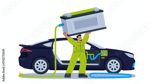 mechanic swapping an electric car battery, vector illustration for ev maintenance, battery technology and sustainable transport service