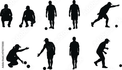 Silhouette of people playing bocce ball, outdoor leisure activity, men and women throwing balls, sports game, teamwork, summer recreation, competition