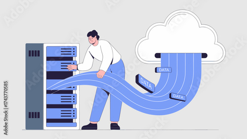 specialist transferring data from server to cloud storage, vector illustration for cloud migration, data management and digital transformation