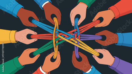 diverse hands intertwining colorful strings together, vector illustration for team collaboration, unity and shared strength