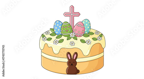 Festive Easter Cake with Cross and Chocolate Bunny Decoration.