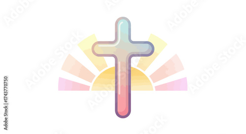 Christian cross with rainbow gradient and sunrise.