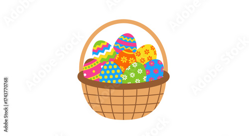 Basket overflowing with colorful decorated Easter eggs, a festive spring celebration.