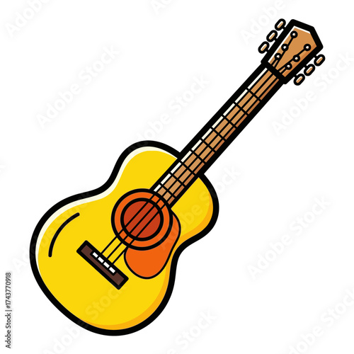 Acoustic guitar with a bright yellow body and orange pickguard.