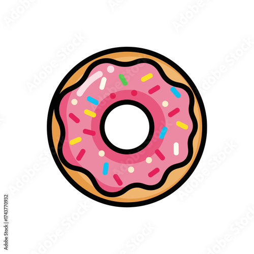 Delicious pink frosted donut with colorful sprinkles, a sweet treat.