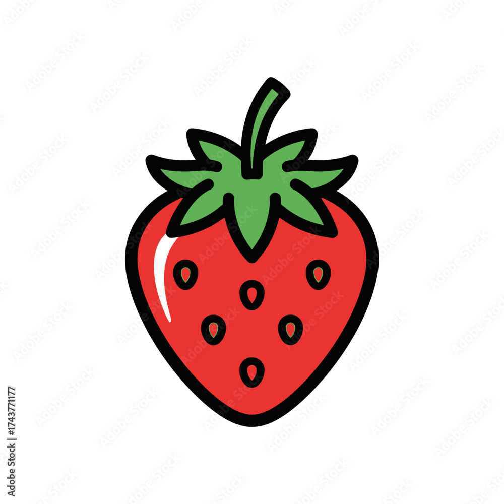 Fototapeta premium Vibrant cartoon strawberry illustration with green leaves and black outline on white background.