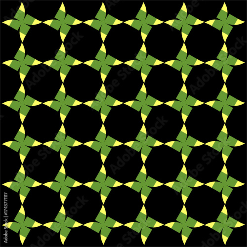 Interwoven green and yellow star shapes create a repeating lattice, forming circular voids in a mesmerizing geometric pattern of symmetry and harmony.