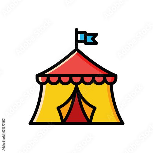 Colorful circus tent with a flag on top, ready for the show.