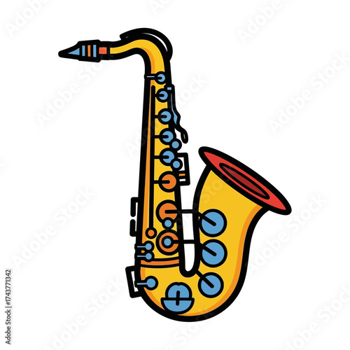 Illustration of a cartoon saxophone with a yellow body and blue keys.
