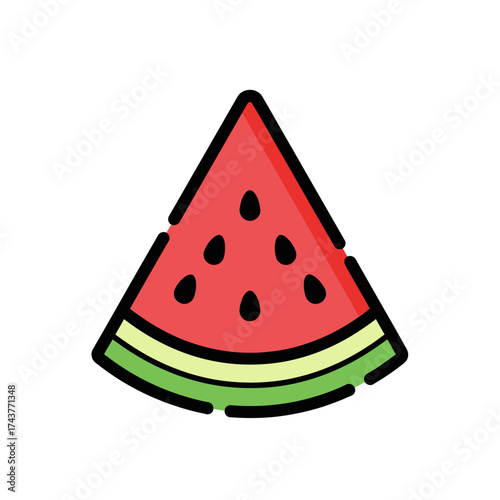 A vibrant slice of watermelon with black seeds and green rind.