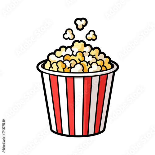 A striped bucket overflowing with freshly popped popcorn.