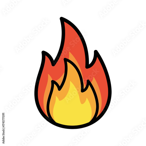 Fiery flame illustration with vibrant colors and bold outline representing heat.
