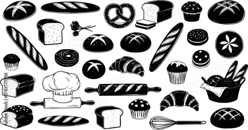 Vector hand-drawn bread and bakery design illustrations, food sketches, vector icons