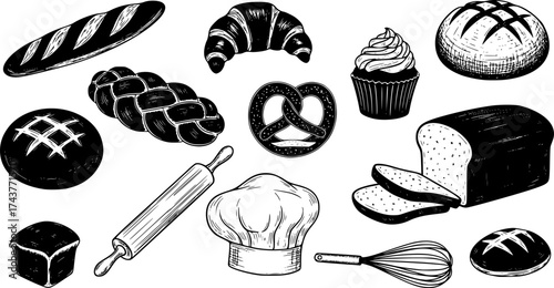 Vector hand-drawn bread and bakery design illustrations, food sketches, vector icons