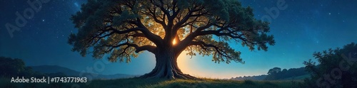 Ancient Oak Tree at Night, Glowing Ethereal Light, Starlit Sky, Majestic Branches Reaching Upward, Dreamlike Fantasy Scene, Perfect for Magical and Mystical Projects