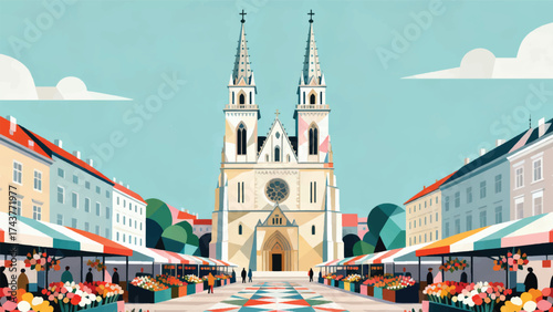 Illustration Of Zagreb Cathedral With Twin Towers And A Square Full Of Flower Markets Vector Design Template