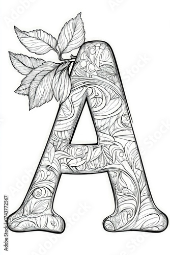 Ornate letter A with foliage, ready for coloring