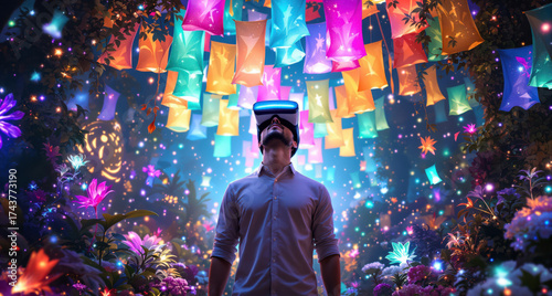 Un homme portant un casque de réalité virtuelle, debout au centre d’un monde féérique lumineux. Autour de lui flottent des drapeaux colorés et translucides