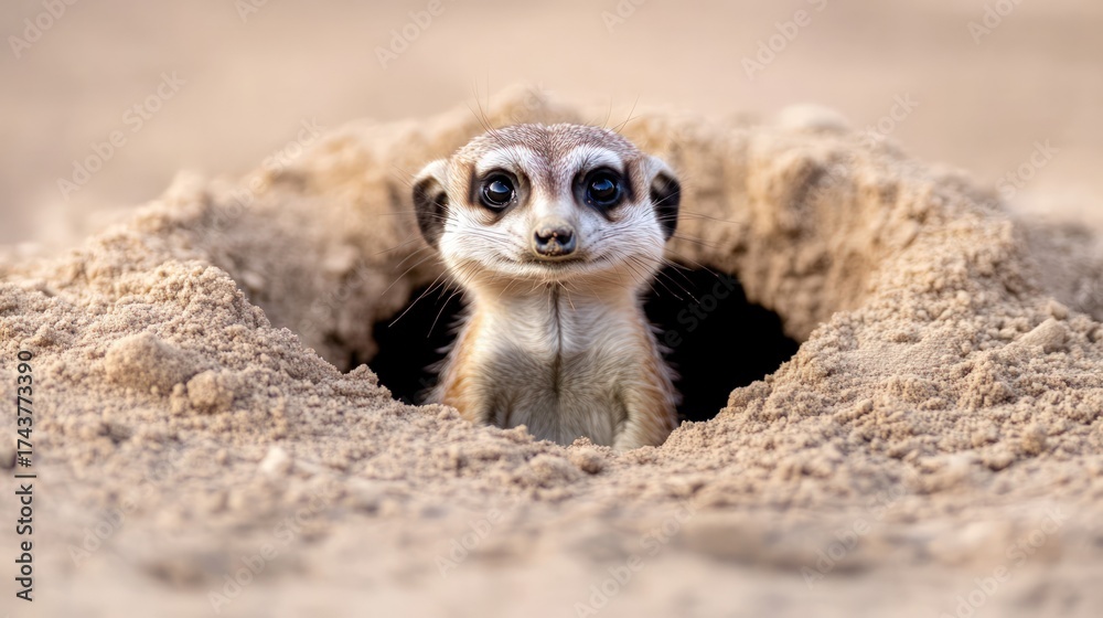 Fototapeta premium Meerkat emerging from burrow, curious gaze