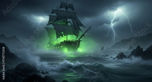 Ghost ship sailing on stormy sea with green glow and lightning. Fantasy adventure and mythical legend concept for a scary Halloween night.