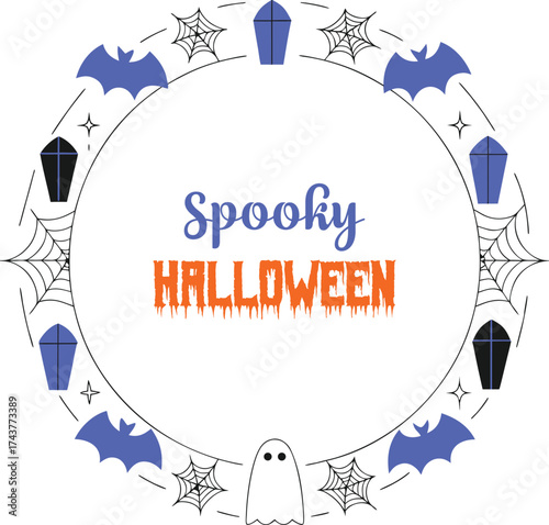 Spooky Halloween Circular Border: Flat Vector Wreath with Bats, Coffins, Ghost, and Spiderwebs Illustrator Artwork