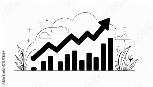 Graph showing upward trend with bars and clouds in minimalist style  
