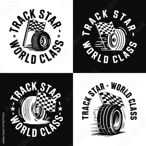 Track star world class racing tire and checkered flag illustration for t shirt design retro motorsport emblem graphic artwork