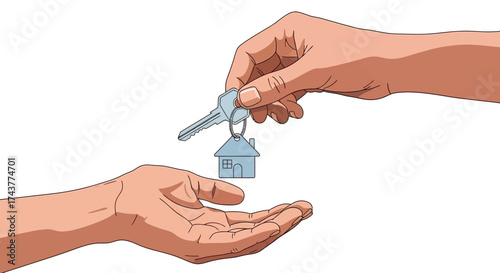 Illustration depicting a hand handing over house keys representing property ownership or real
