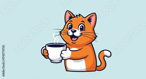 Delightful cartoon illustration of an orange cat enjoying a steaming cup of coffee
