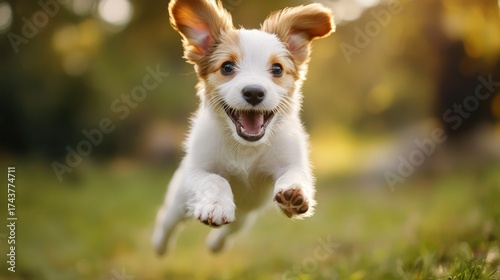 Joyful pup leaps, ears flapping, green grass in sunlight