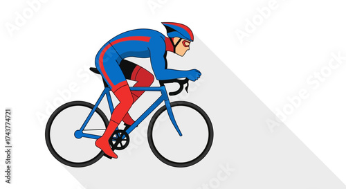 Illustration of a cyclist in a blue and red racing suit riding a bicycle against a white background