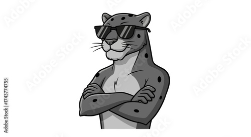 Cartoon Panther with Sunglasses Confidently Crossing Arms and Showing its Cool Character