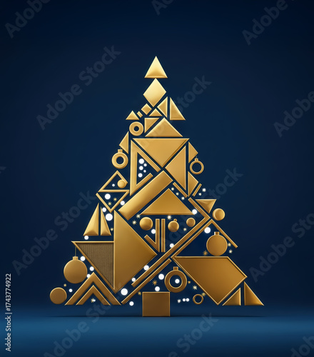 Modern Geometric Christmas Tree in Gold and Blue