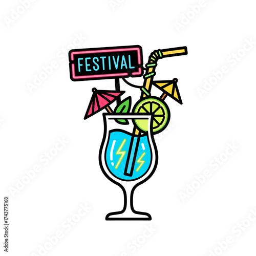 Colorful Festival Cocktail with Neon Sign and Tropical Garnishes.