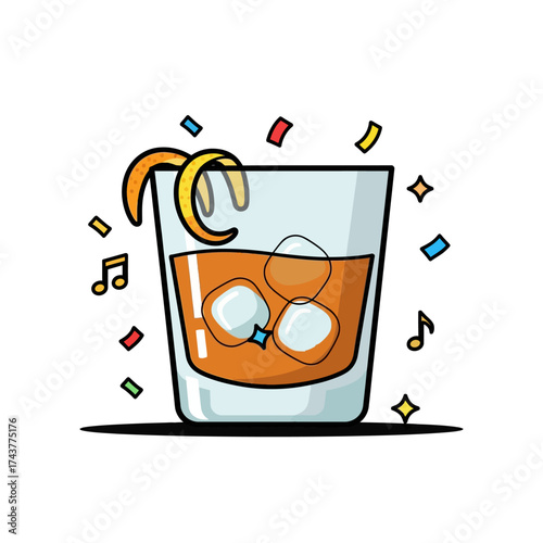 Celebratory Old Fashioned Cocktail with Orange Peel and Confetti.