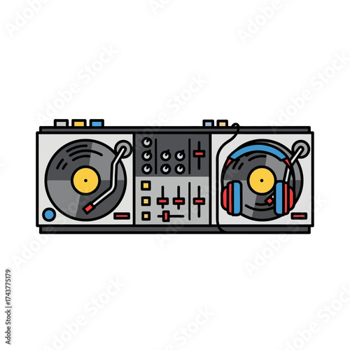 Professional DJ setup with turntables and headphones for music mixing.