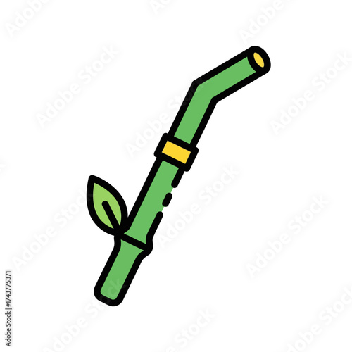 Green bamboo straw with leaf and yellow band.