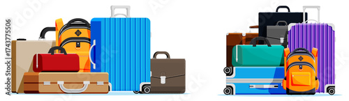 Different types of luggage and bags in flat style. Travel bag, backpack, suitcase, briefcase, valise for vacation or business trip.