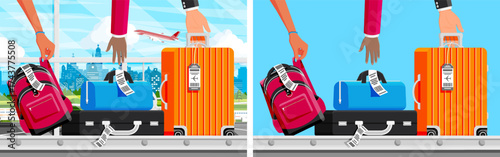 Man and woman hands place luggage on conveyor belt. Airport baggage check-in with a plane and city in background. Travel and holiday concept.