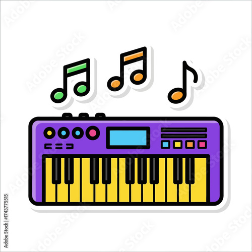 Colorful digital synthesizer keyboard with musical notes floating above it.