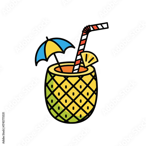 Cartoon Illustration of a Refreshing Tropical Pineapple Cocktail.