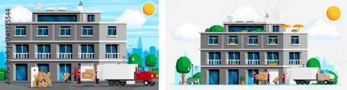 Two scenes of delivery men moving boxes and furniture to a building. Delivery service for house relocation. Flat style vector illustration.