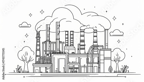 Industrial factory building with smokestacks and clouds in outline style  