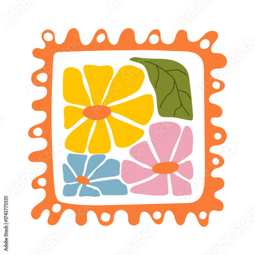 Abstract colorful floral composition with orange and pink flower petals and green leaves. Hand-drawn botanical design in modern boho style. Great for textile, digital art, decor, and craft projects.