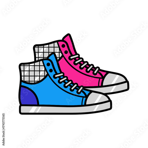 Stylish pair of high top sneakers in vibrant blue and pink colors.