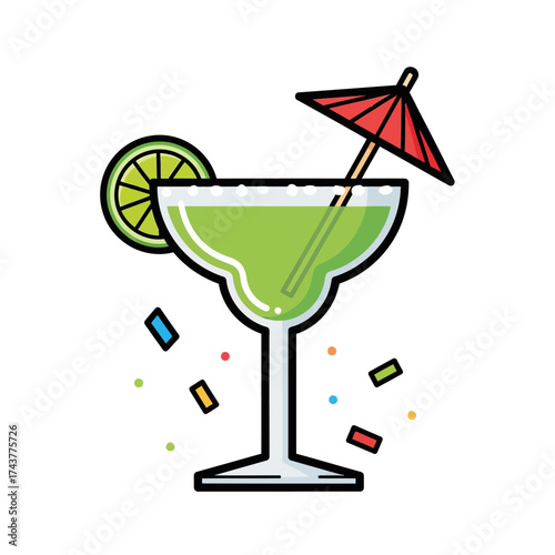 Vibrant Margarita Cocktail with Lime and Umbrella Illustration.
